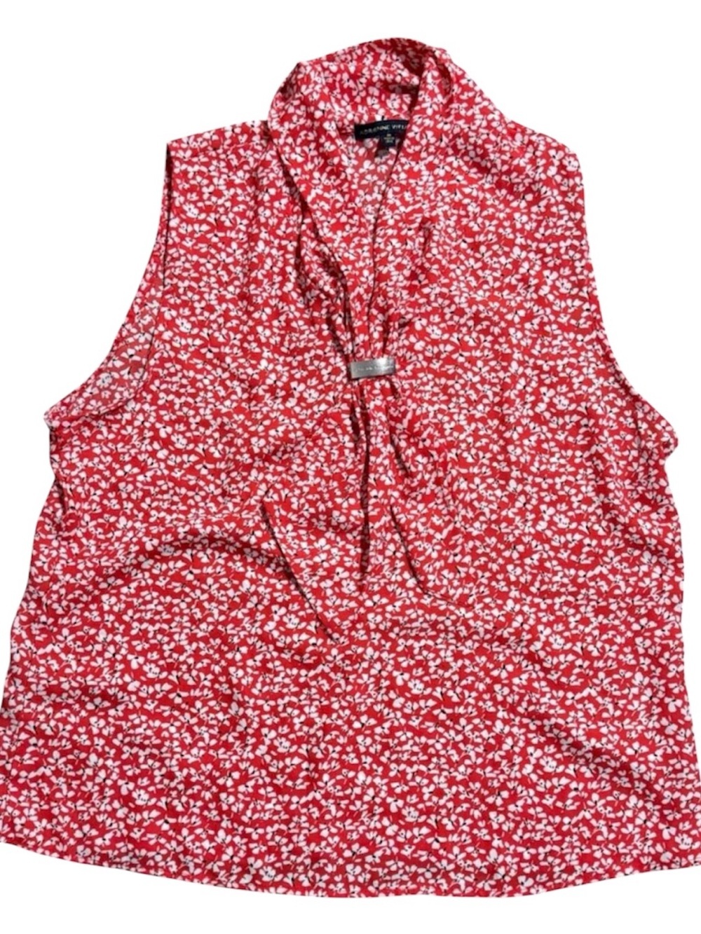 Adrienne Vittadini XL Red Floral Sleeveless Blouse Tie Neck Top